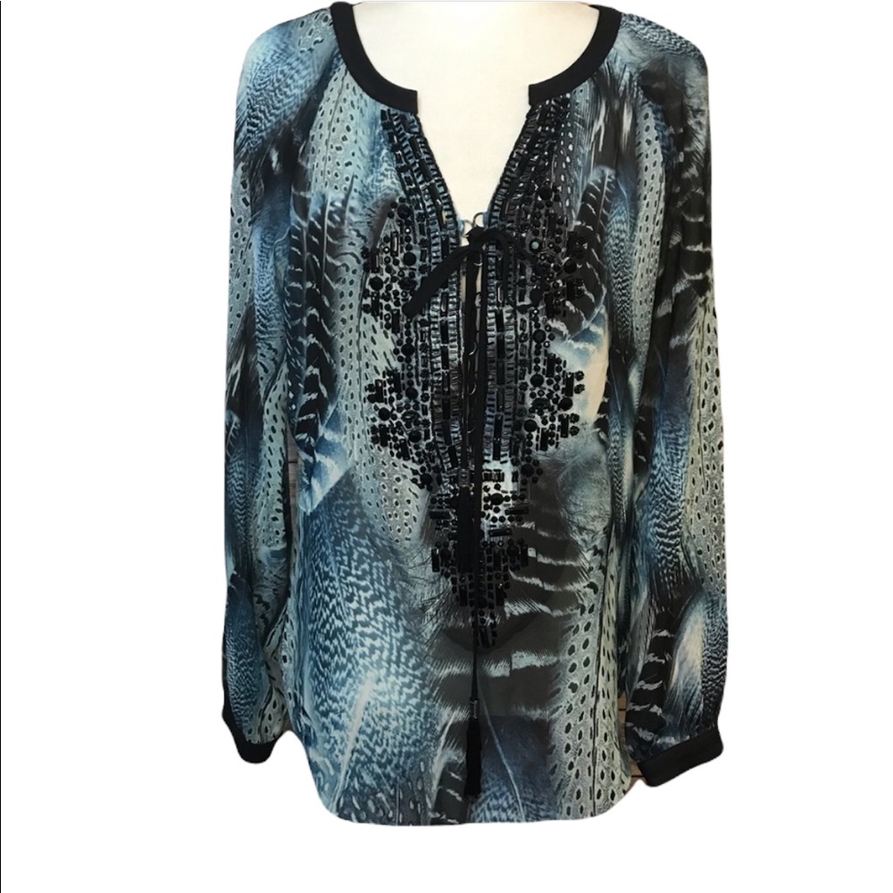 Hale Bob Sheer Feather Print Long Sleeve Blouse. … - image 1